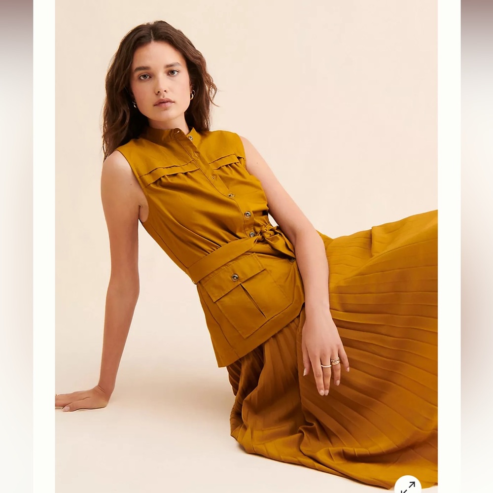 Anthropologie Pleated Sleeveless Mustard Midi Dress